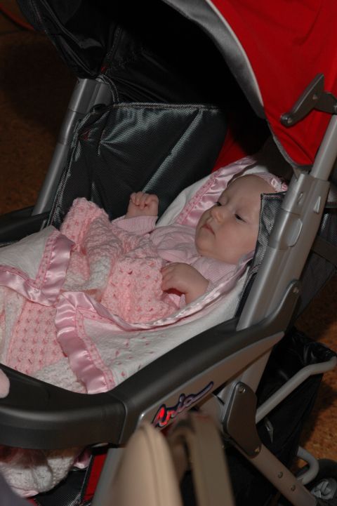 1985 Ford Crown Victoria LTD - A baby rests comfortably in a stroller, covered by a pink blanket.