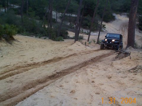1992 Ford Bronco - A black Jeep Wrangler navigates a sandy track in a forest environment.