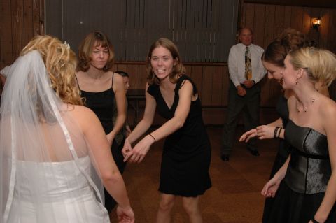 Wedding party dancing indoors