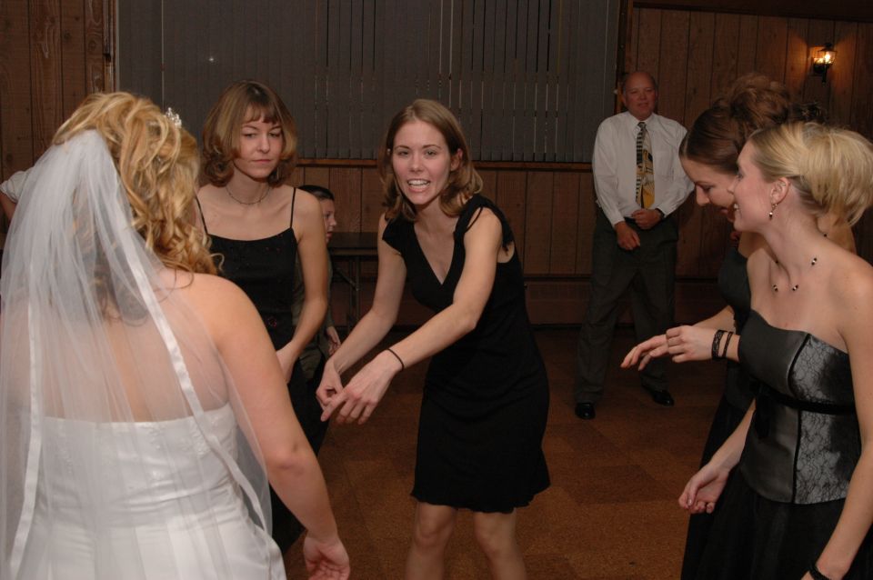 Wedding party dancing indoors