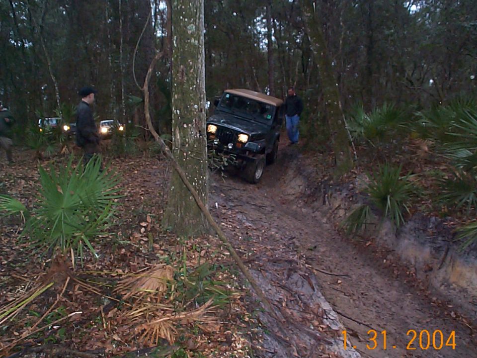 Dark green Jeep Wrangler on a muddy trail with a tan top