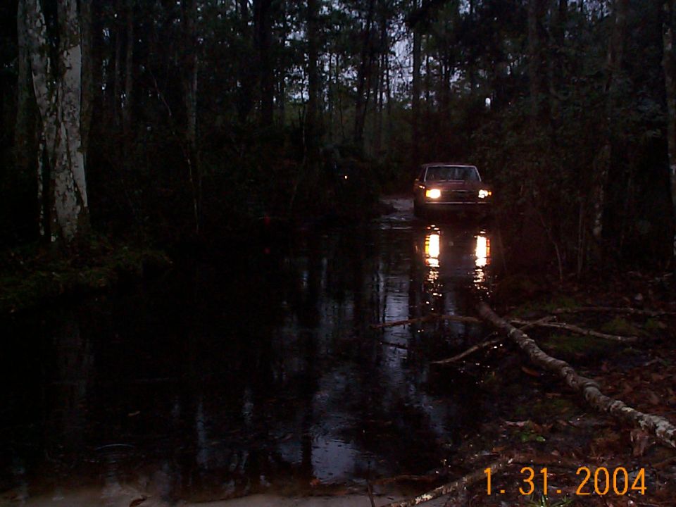 red SUV driving through a flooded forest road at dusk