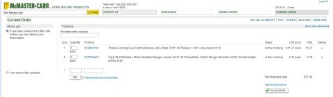 1973 Ford Ranchero - This image displays a McMaster-Carr current order page, detailing two industrial product line items with quantities, prices, and shipping i…