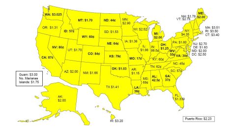 1973 Ford Ranchero - A map of the United States displays varying prices associated with each state, along with territories.
