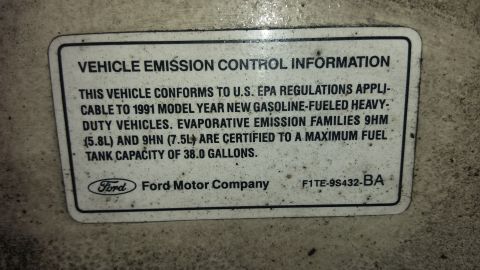 1991 Ford F-250 - This sticker indicates the vehicle conforms to 1991 model year EPA regulations for heavy-duty vehicles.