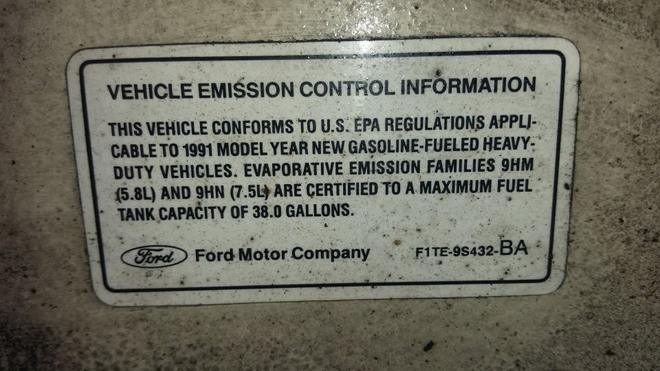 Ford vehicle emission control information label F1TE-9S432-BA for 1991 gasoline heavy-duty vehicles