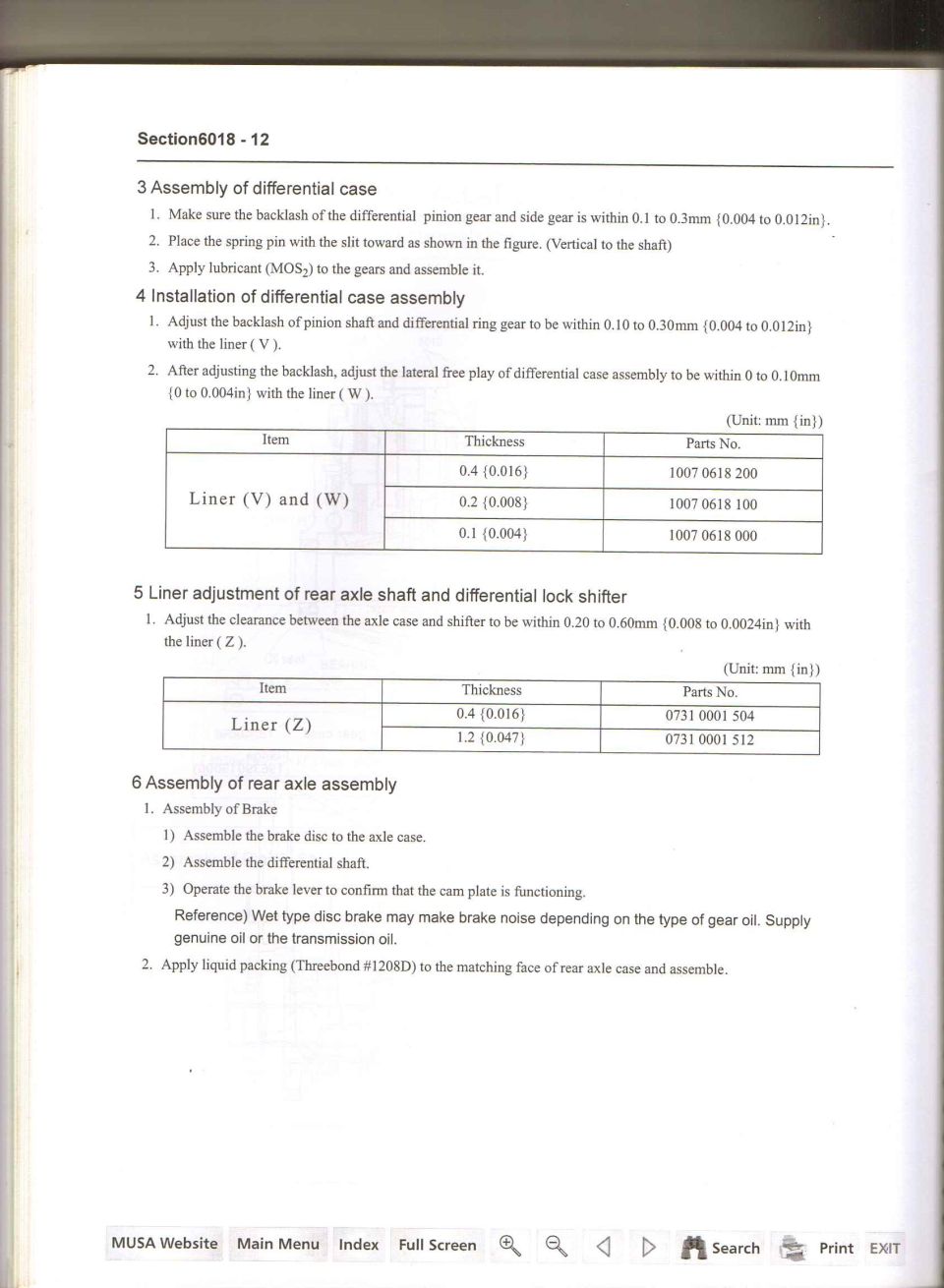 Page from a repair manual detailing differential and axle assembly with parts numbers and measurements