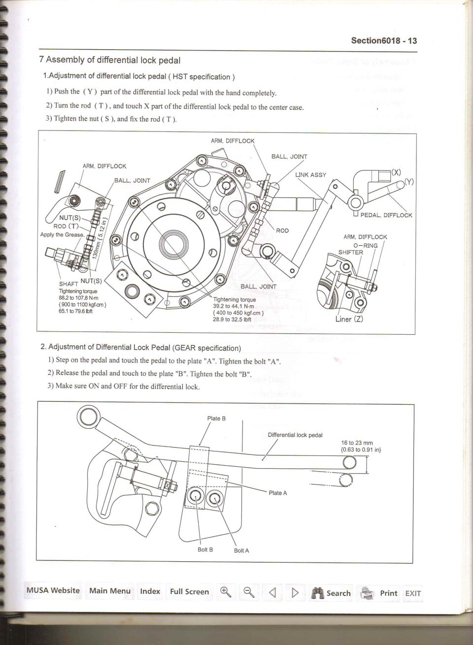 Diagram showing assembly and adjustment of a differential lock pedal, with labels for parts like ball joint, rod, and shifter