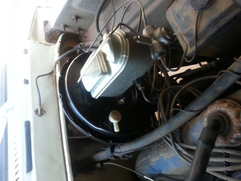 1973 Ford F-100 - Close-up of the brake master cylinder and booster on a 1973 Ford F-100.