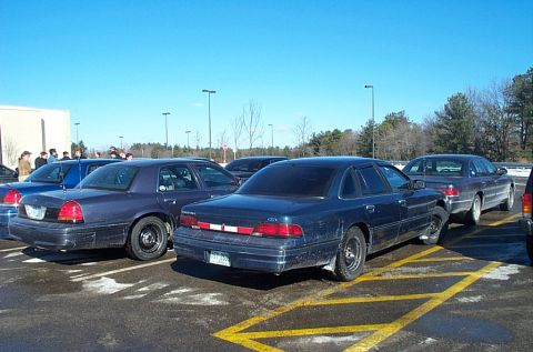 1991 Ford LTD Crown Victoria - Multiple Ford Crown Victorias are parked in a lot on a clear day. One vehicle has a distinctive red and white stripe across its rear.