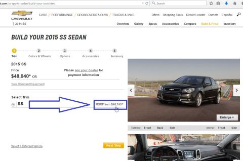 2000 Mercury Grand Marquis - Screenshot of Chevrolet website's build and price page for a 2015 SS Sedan.