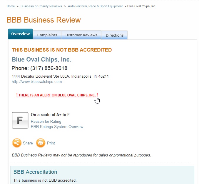 Screenshot of a BBB Business Review web page for Blue Oval Chips, Inc.