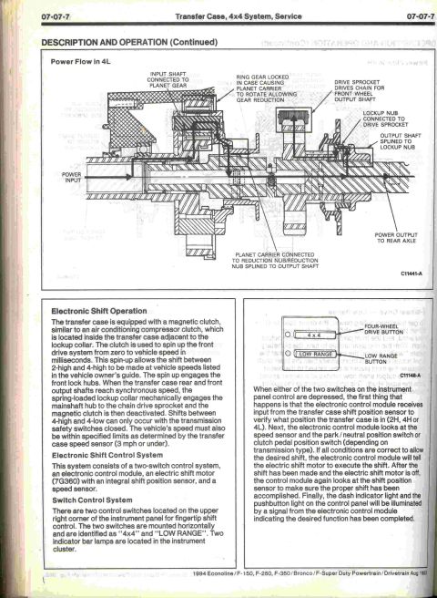 1996 Ford Bronco - This diagram illustrates the internal workings of a transfer case, detailing the power flow in 4-low gear.