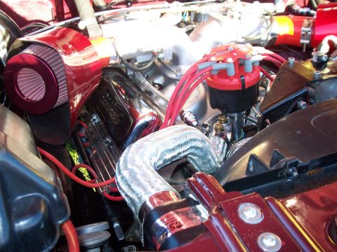 1985 Ford Bronco - Close-up of an engine bay an aftermarket air intake and distributor cap.