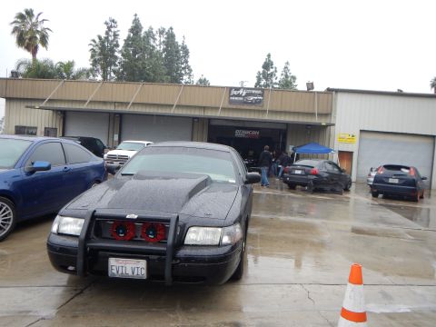 2003 Ford Crown Victoria - black sedan wearing a brush guard and EVIL VIC plate sits beaded with rain outside a dyno shop, with other cars and a canopy behind.
