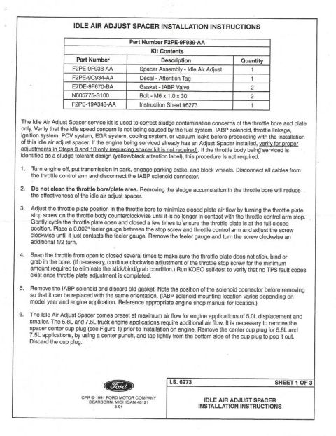 1990 Ford Bronco - Ford CPR service instruction sheet (I.S. 9273) for the Idle Air Adjust Spacer kit F2PE-9F939-AA, used to correct throttle-bore sludge; list…
