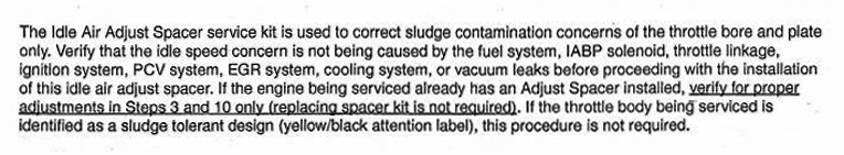 Ford Idle Air Adjust Spacer kit purpose text excerpt for throttle bore sludge correction