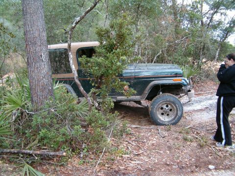 1991 Ford Bronco - A green Jeep Wrangler is seen off-road, surrounded by trees and brush, with a person standing nearby.