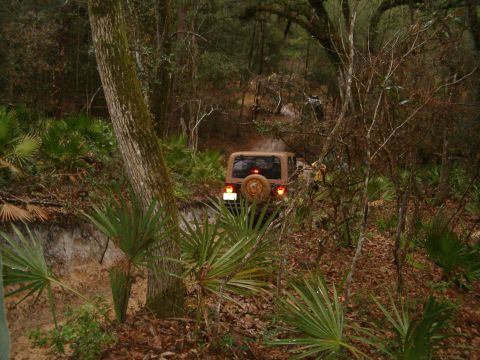 1991 Ford Bronco - A tan Jeep Wrangler navigates a muddy, wooded trail, with another vehicle visible further up the path.