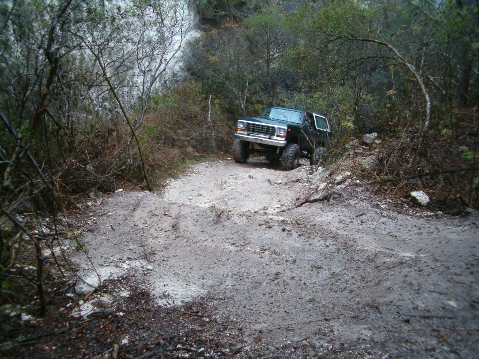 Green and white lifted Ford Bronco descending a rutted rocky trail through dense woods