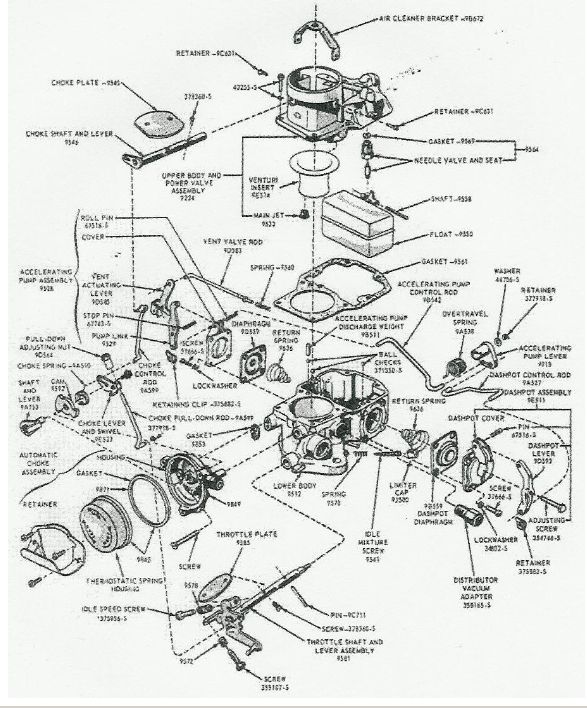 Ford single-barrel carburetor exploded parts diagram with labeled components and part numbers