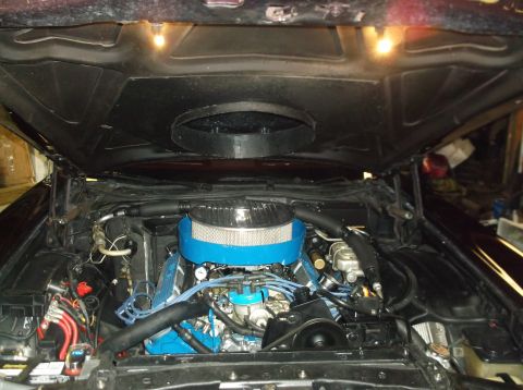 1979 Ford Ranchero - The engine compartment of a vehicle is shown with the hood raised, revealing the motor and its components.