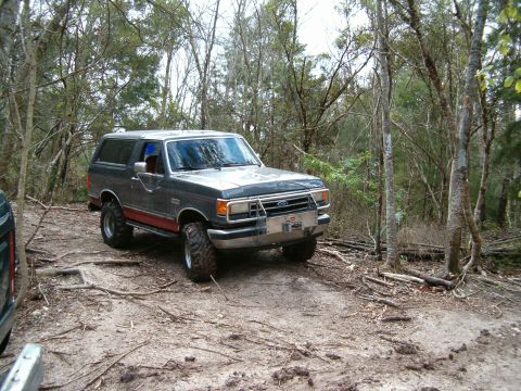 1991 Ford Bronco - Ford Bronco navigating a wooded trail with lifted suspension and off-road tires.