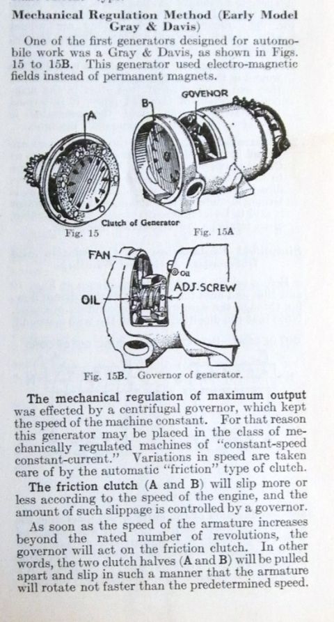 1909 Ford Model T - Manual page on early Gray & Davis generator mechanical regulation with exploded figures of the generator clutch and governor.