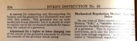 1909 Ford Model T - Document page detailing mechanical regulation methods for early Delco electric systems and generators.