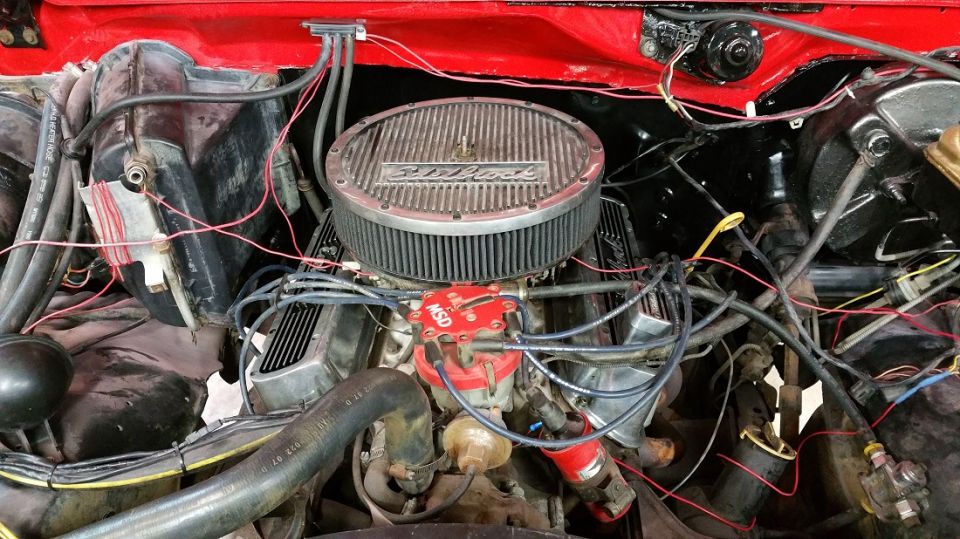 Engine bay with Edelbrock air cleaner and MSD distributor