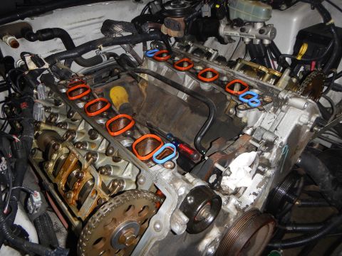 2002 Ford Mustang - Engine components exposed with intake manifold removed, highlighting gaskets and timing chain during maintenance.