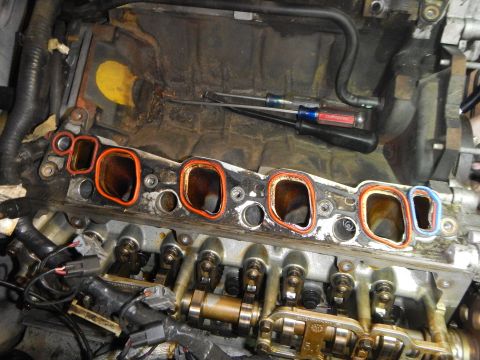 2002 Ford Mustang - Intake manifold removed from engine, revealing gasket mating surface and internal components.