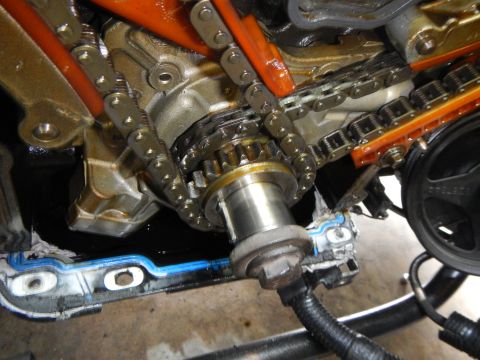 2002 Ford Mustang - Close-up view of engine timing chains and gears, likely during a repair or replacement procedure.