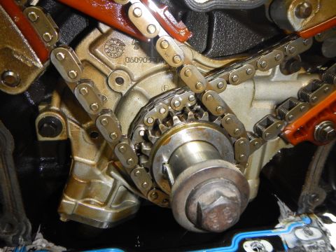 2002 Ford Mustang - Engine timing chain and gears are visible in this close-up shot, showing mechanical components.