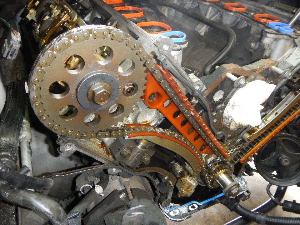 Engine timing chain and gears with orange tensioner