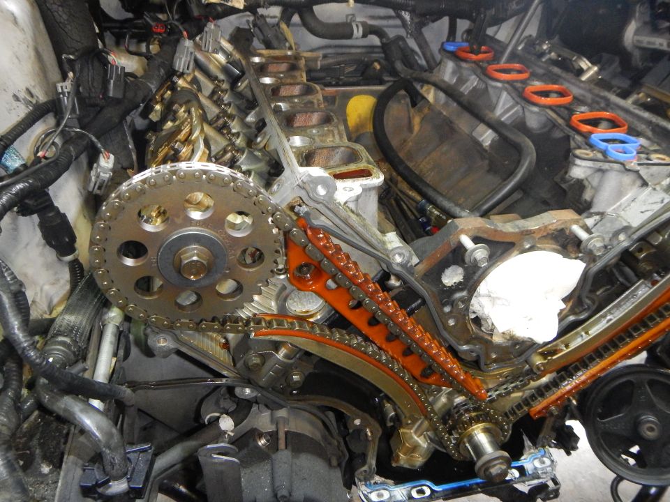 Engine timing chain and gears with orange tensioner guides