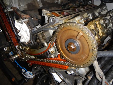 2002 Ford Mustang - Engine components including timing chains and gears are visible in this close-up view.