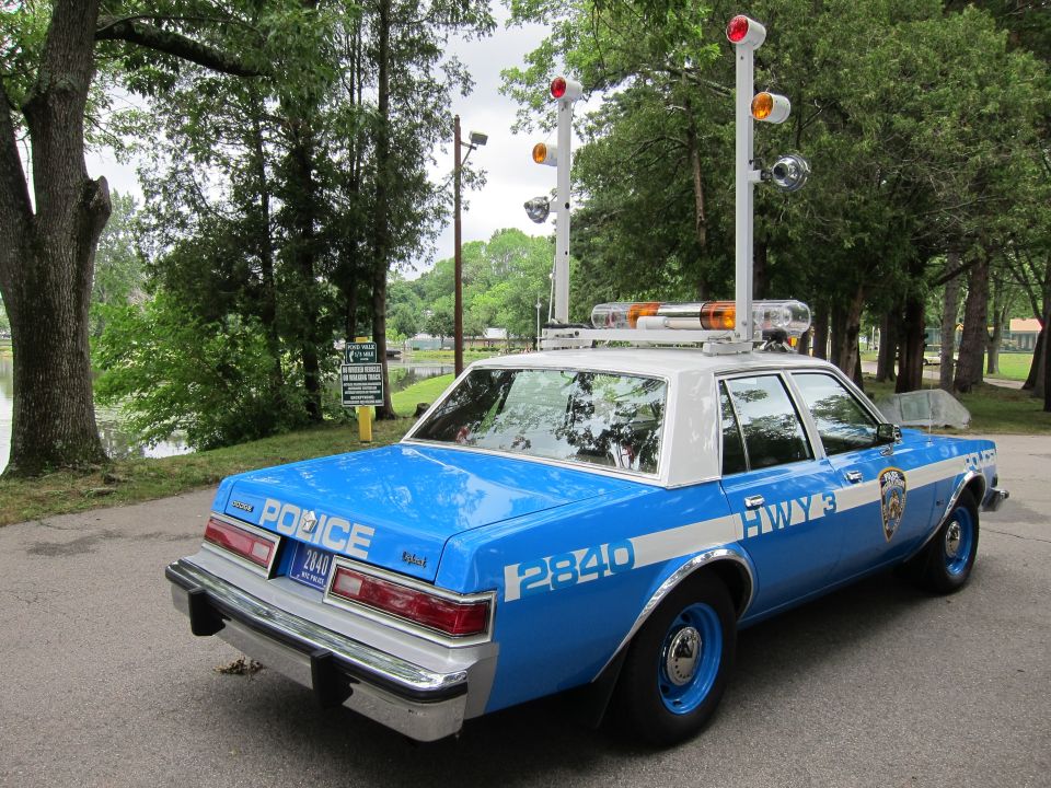 Blue and white police car with light bars on the roof, parked on a paved surface near trees and a lake