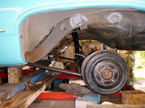 1964 Mercury Monterey - Close-up of the rear suspension and drum brake assembly of a 1964 Mercury Monterey.