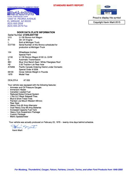 1979 Ford Bronco - This Marti Auto Works report details a 1979 Ford Bronco, including its production date and features.
