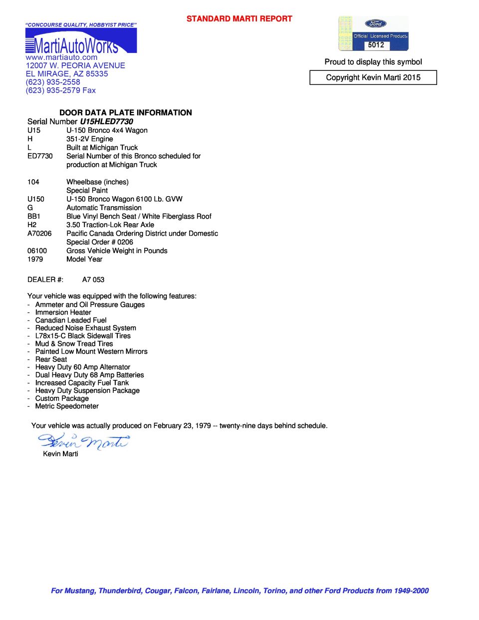 Marti Auto Works report for a 1979 Ford Bronco