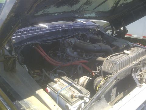 1979 Ford Bronco - The engine bay of a 1979 Ford Bronco is visible with the hood raised, revealing the V8 engine and associated components.