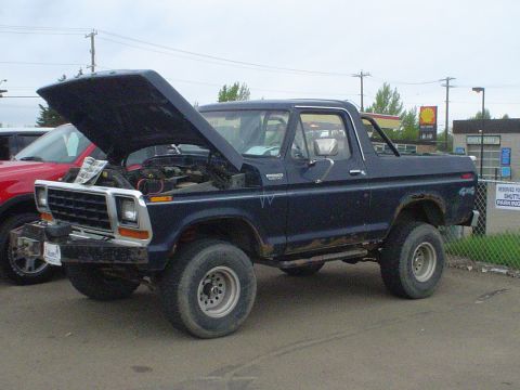 1979 Ford Bronco - A dark blue 1979 Ford Bronco is parked with its hood open, revealing the engine compartment.
