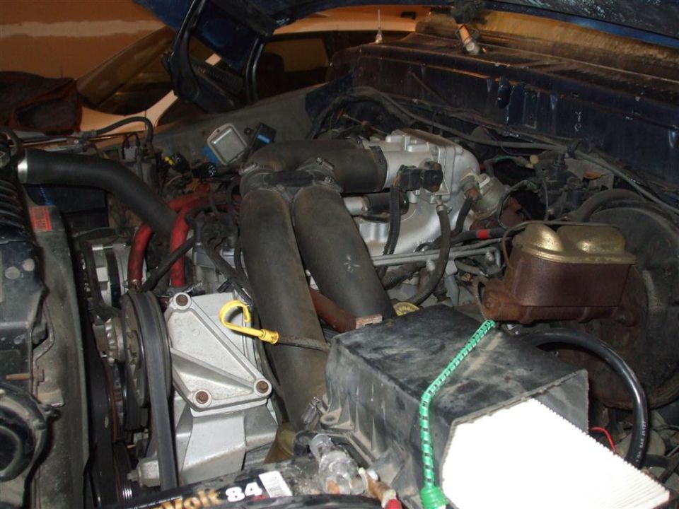 Engine bay with hoses, belts, and engine components visible