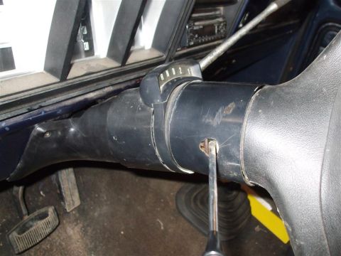 1979 Ford Bronco - Close-up of the interior steering column and turn signal lever in a 1979 Ford Bronco.