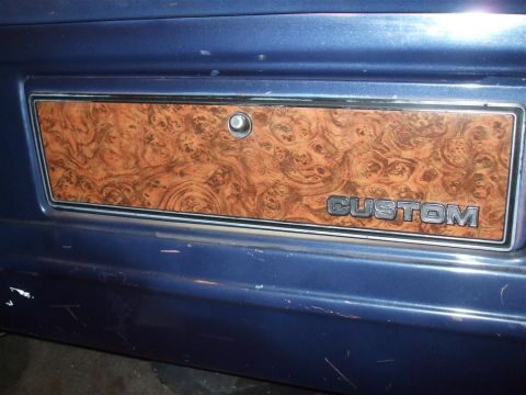 1979 Ford Bronco - Close-up of a blue vehicle's rear panel, woodgrain trim and a "CUSTOM" badge.