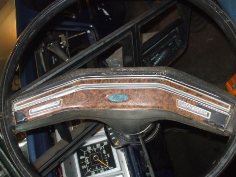 1979 Ford Bronco - The interior of a 1979 Ford Bronco shows wood grain trim on the dashboard and the Ford emblem.
