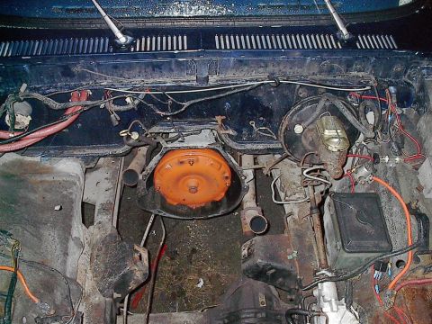 1979 Ford Bronco - View of the engine bay, focusing on the transmission and associated components.