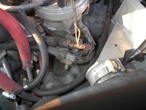 1979 Ford Bronco - Engine bay detail showing a damaged wiring harness with exposed wires and connectors.