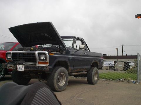 1979 Ford Bronco - A dark blue 1978 Ford Bronco sits with its hood open, parked next to a red vehicle under an overcast sky.